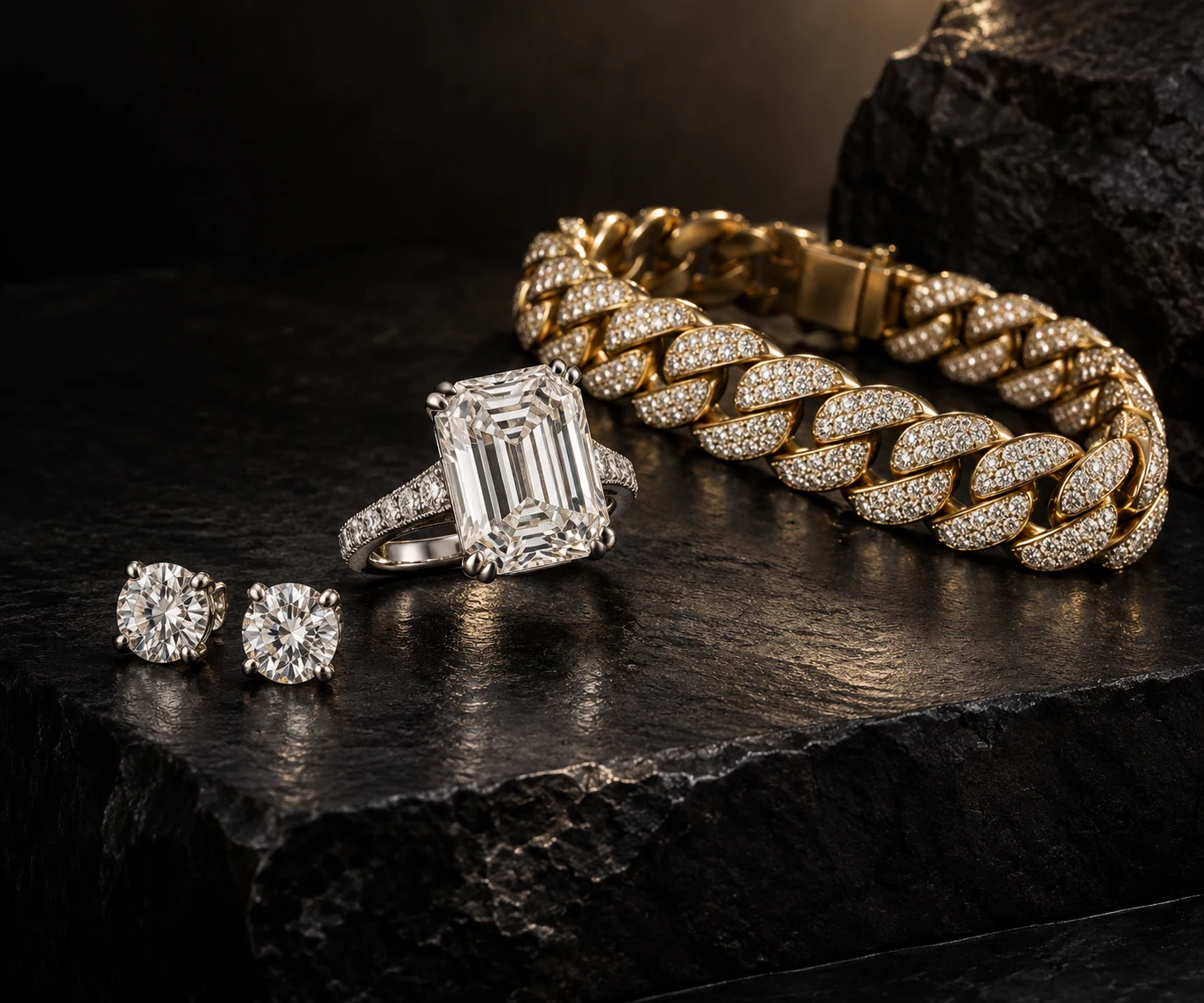 Diamond styling illustration: an emerald-cut diamond ring, pavé Cuban-link bracelet and diamond studs on dark stone