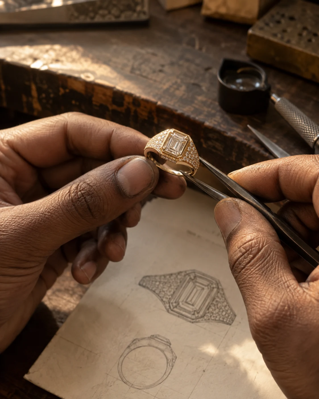 Illustrative jeweler’s hands refining a diamond-set gold ring above its pencil sketch at a wooden workbench