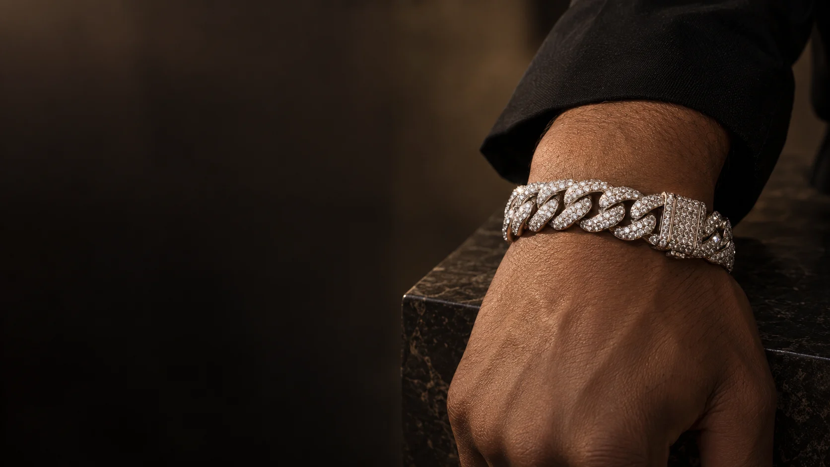 AI-generated styling illustration of a pavé diamond Cuban bracelet worn with a black sleeve