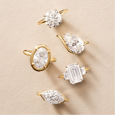 Five diamond engagement rings in different cuts and settings