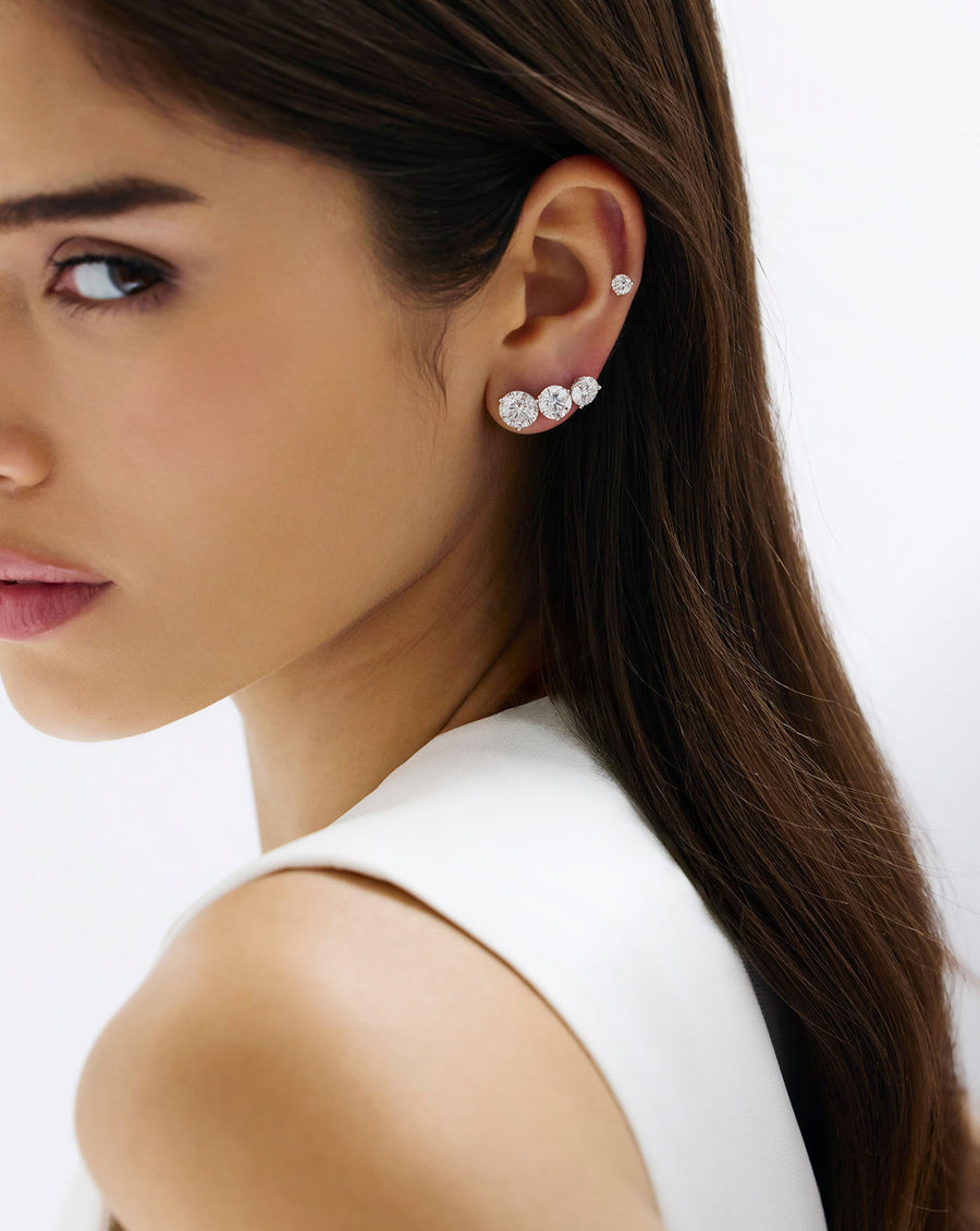 Round Diamond Studs, styled on a model