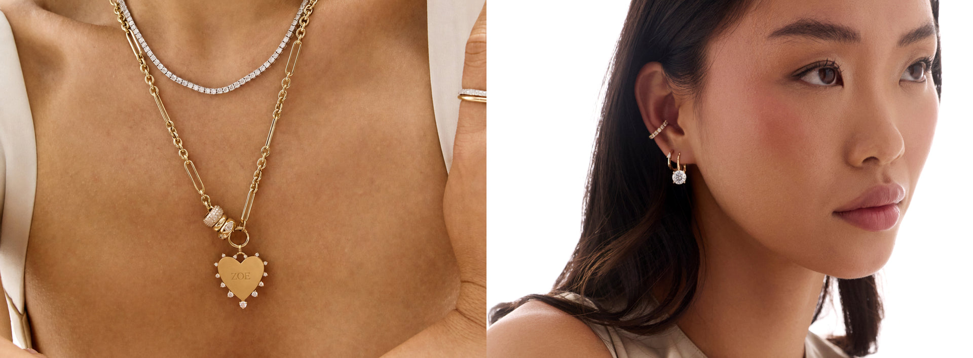 Diamond necklaces and earrings styled for everyday wear