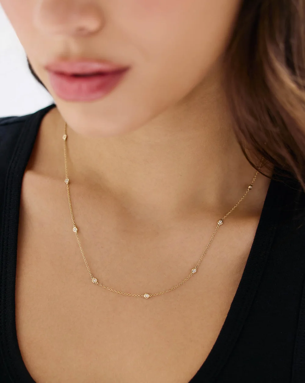 Diamond Bezel Station Necklace — On body