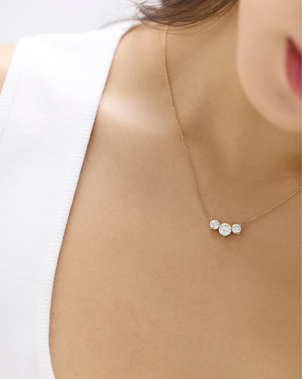 Three-Stone Diamond Pendant Necklace — On body