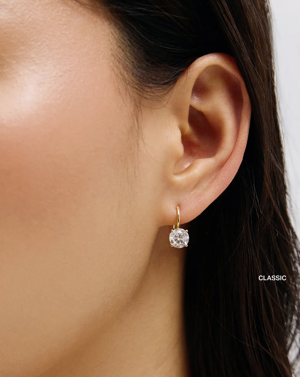 Round Diamond Drop Earrings — On ear · classic reference