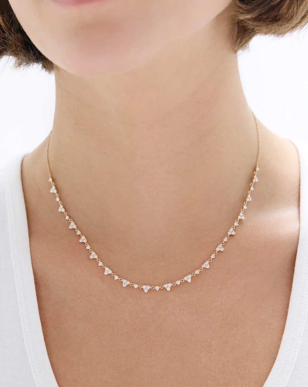 Trio Diamond Necklace, styled on a model