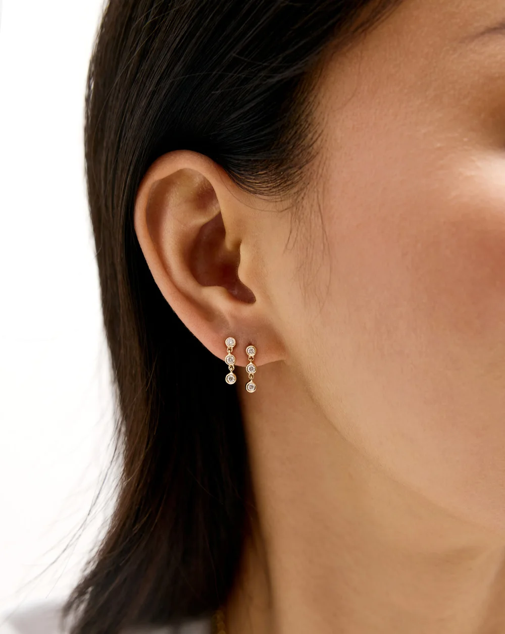 Triple Bezel Diamond Drops — On ear